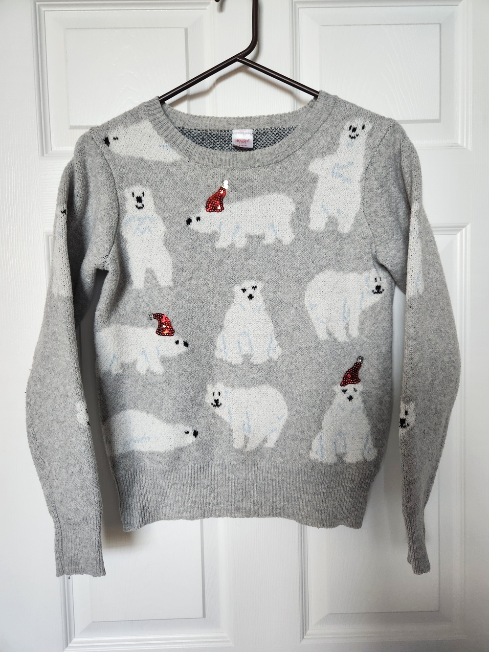 Holiday Time Grey Crewneck Sweater with White Polar Bears and Red Sequin Hats